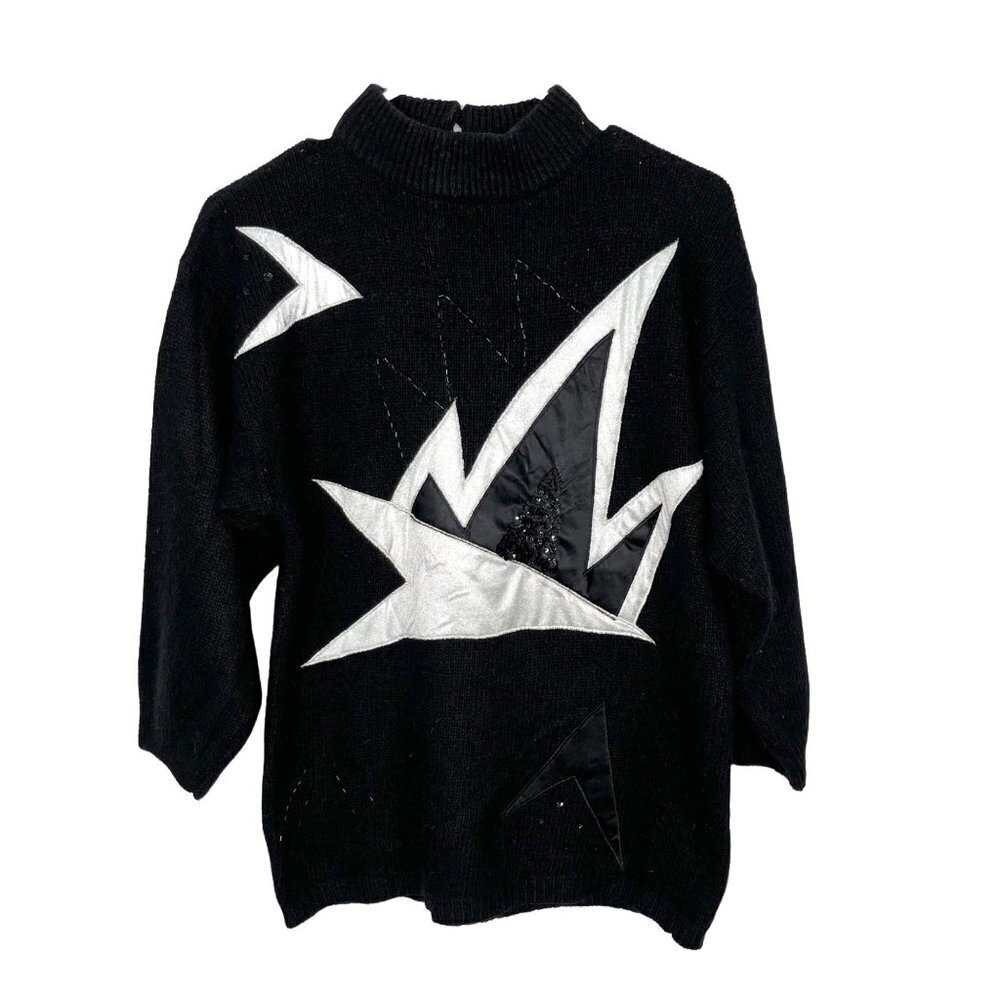 Vintage SML Sports Bolt Lightning Y2K Silk Angora Lambswool Black Sweater Size M